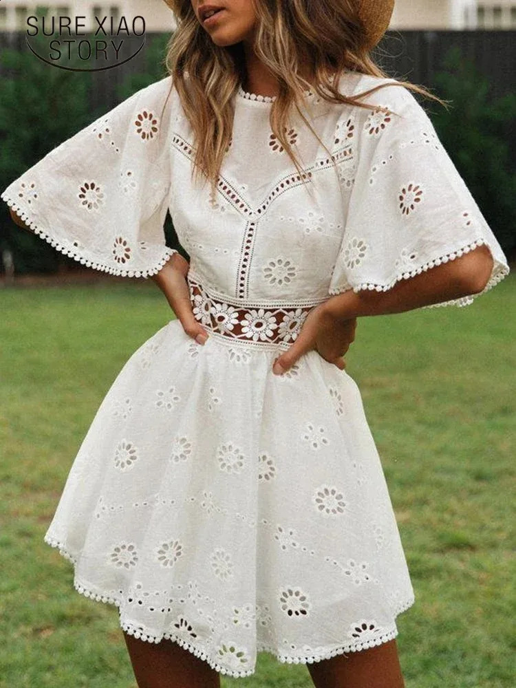 Womens white hollow backless mini dress cotton party floral embroidery casual fashion 18504 250319