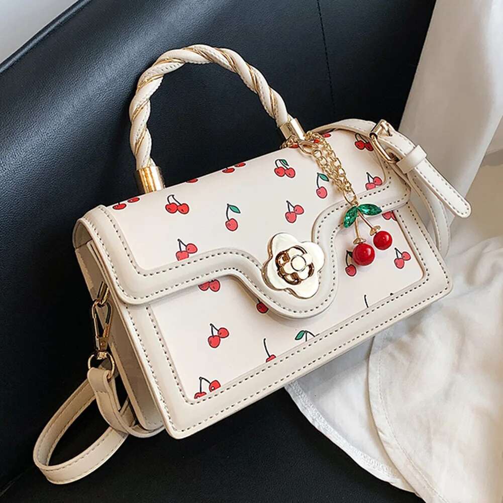 Women Shoulder Adjustable Strap Square Chain Versatile Cherry Pattern Sg Female Daily Commute Bag
