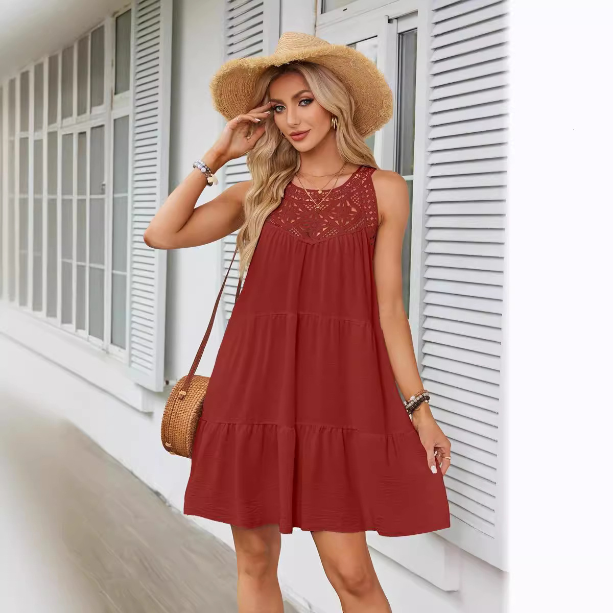 2025 women's spring and summer hollow lace splicing hanging neck A-line dress