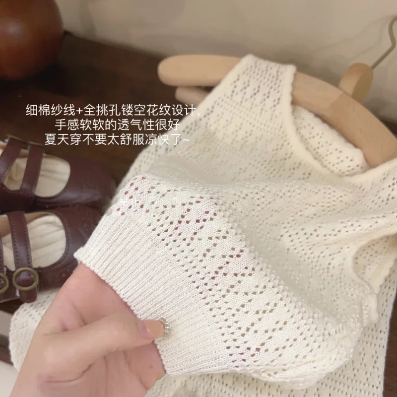 Girls Summer Clothing Set 2023 Childrens Knitted Hollow Lace Fashion Breathable Tank TopWide Leg Pants 250312