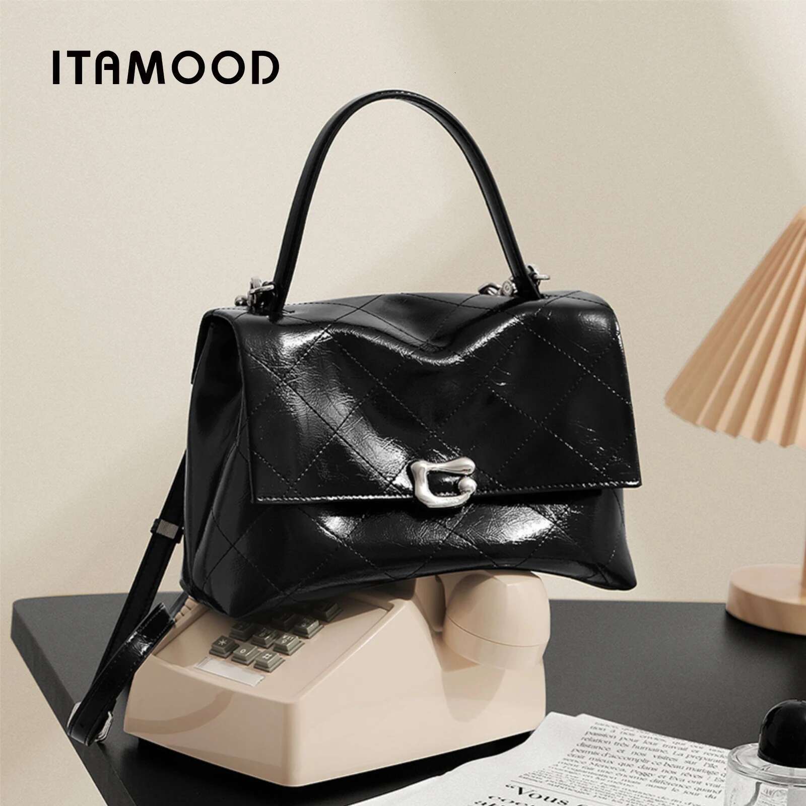 ITAMOOD Messenger Textured Work Commuting Large Capacity Leisure Handbag Genuine Leather Retro Tote Bag