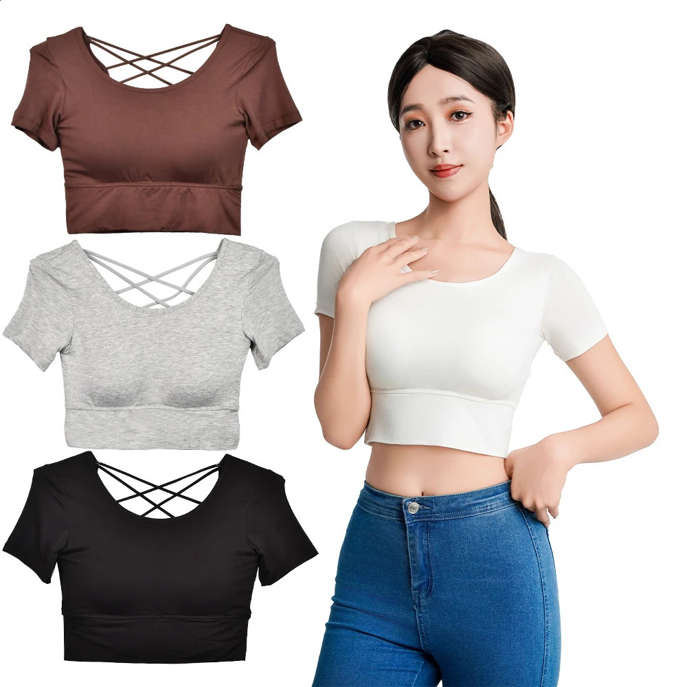 Womens Short Sleeve Tank Tops Backless Spring Summer Crop Tshirt Padded Slim Camisole Tees Bottoming 2025 Plus Size 250311