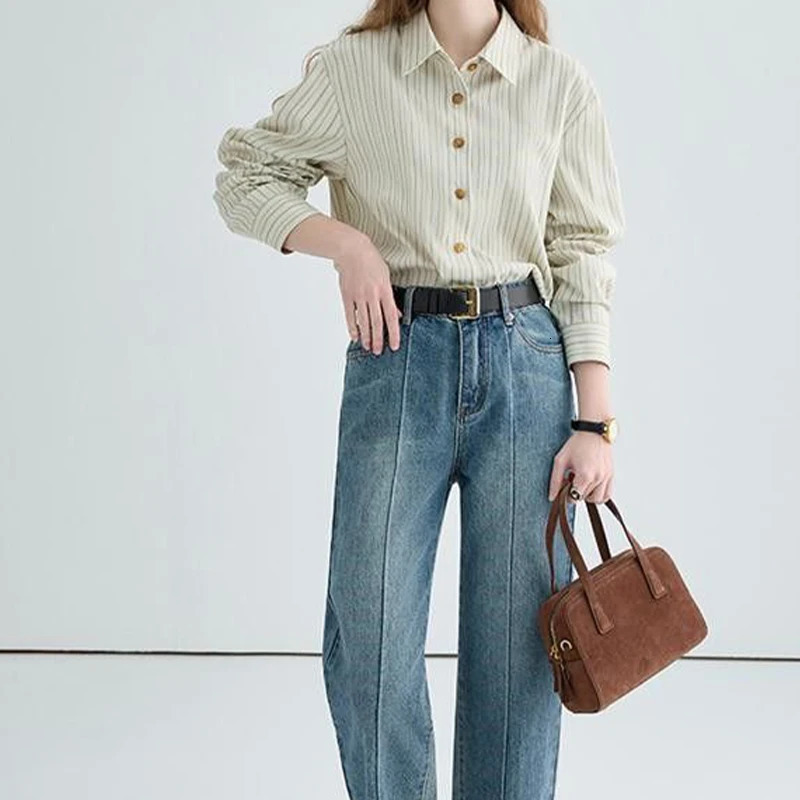 Spring/Autumn Vintage Loose Striped High Quality Long Sleeve Shirt Original Casual Elegant Fashion Womens Top 250318
