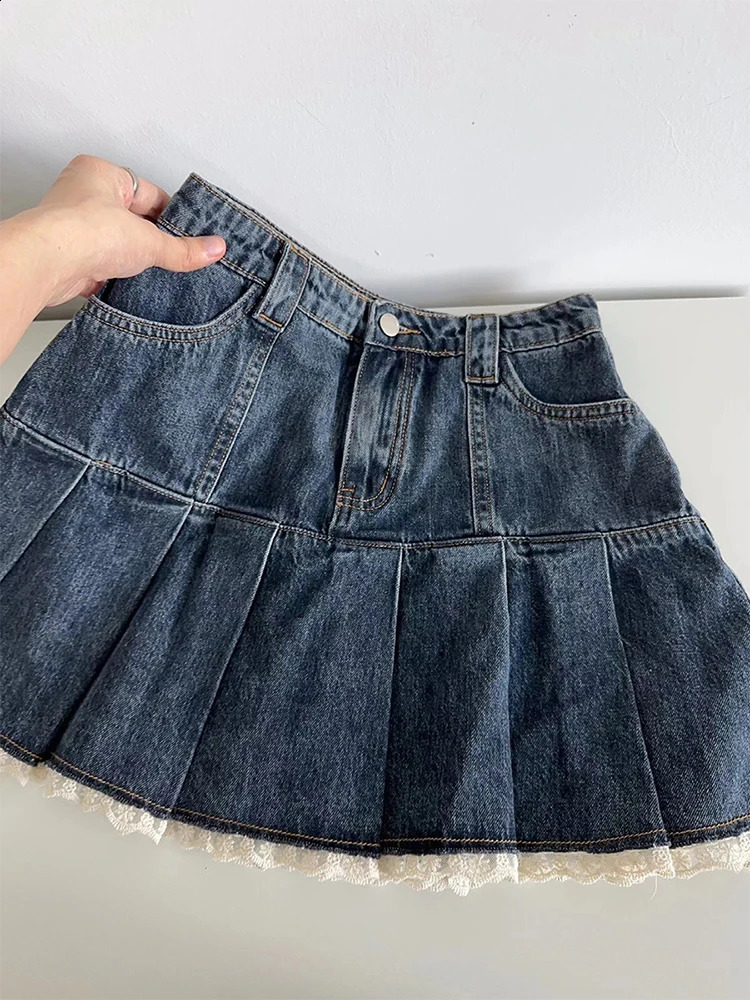 American retro Kawaii denim mini skiing womens sexy Gyaru lace patch work high waisted pleated jeans Y2k shorts for summer 250317