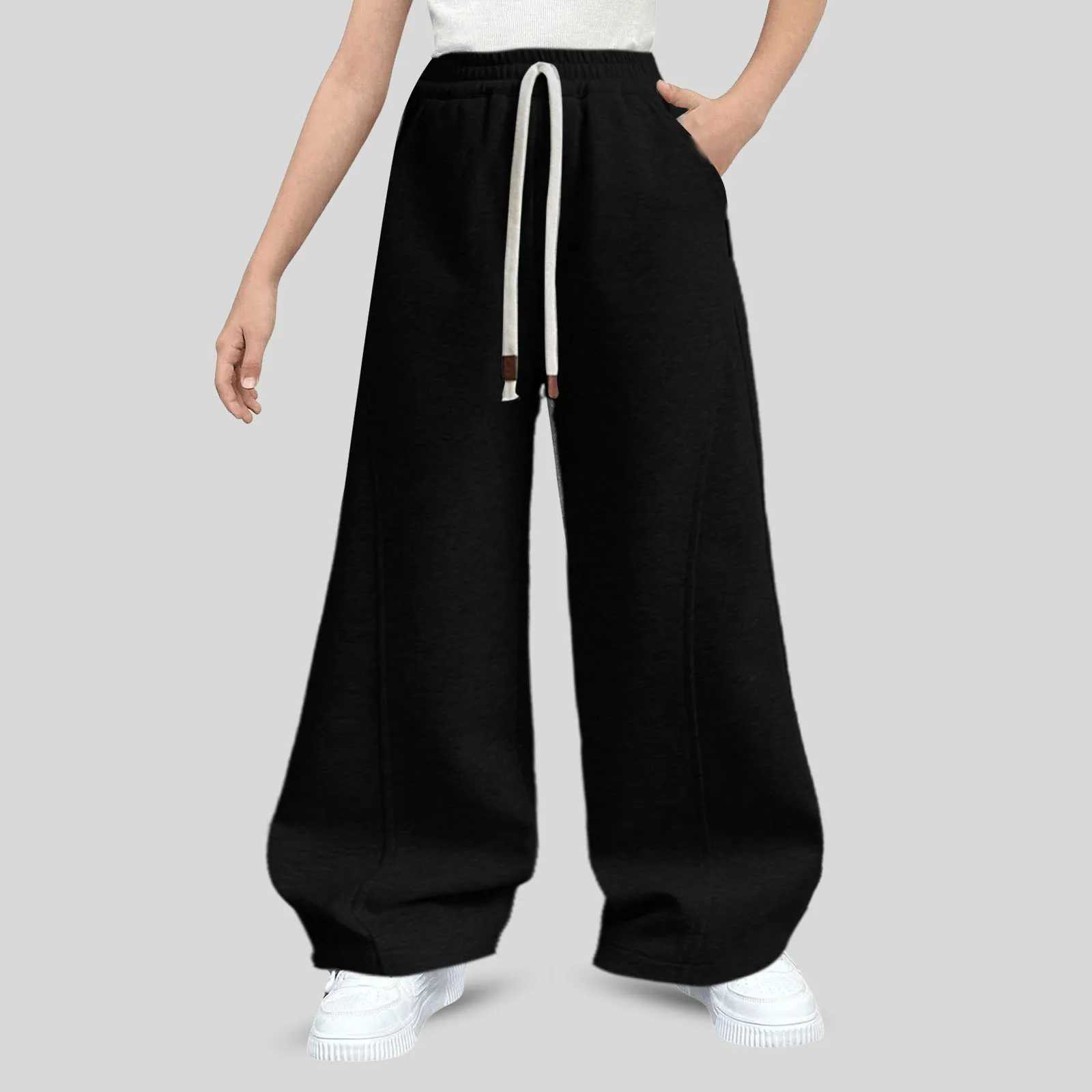 Girls straight sports pants sewn high waisted loose jogging pants with pockets girls sparkling pantsT250318