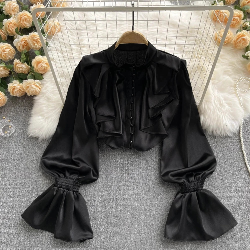 High quality satin loose fitting shirt with long sleeves pleated edges Oneck beaded beads elegant office womens casual Gothic style 250319