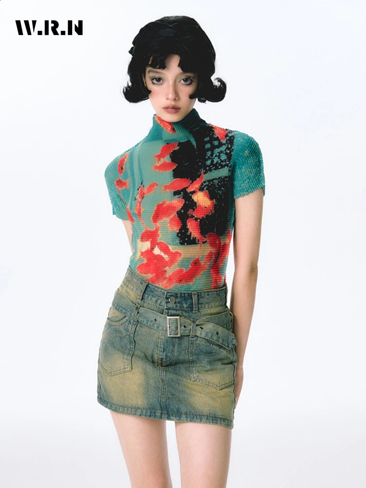 Women Bodycon T-Shirts Short Sleeve Tie Dye Tees Stretch Crop Tops Goblin Core 2000s Coquette Gyaru Aesthetic Kpop Kawaii Summe 250319