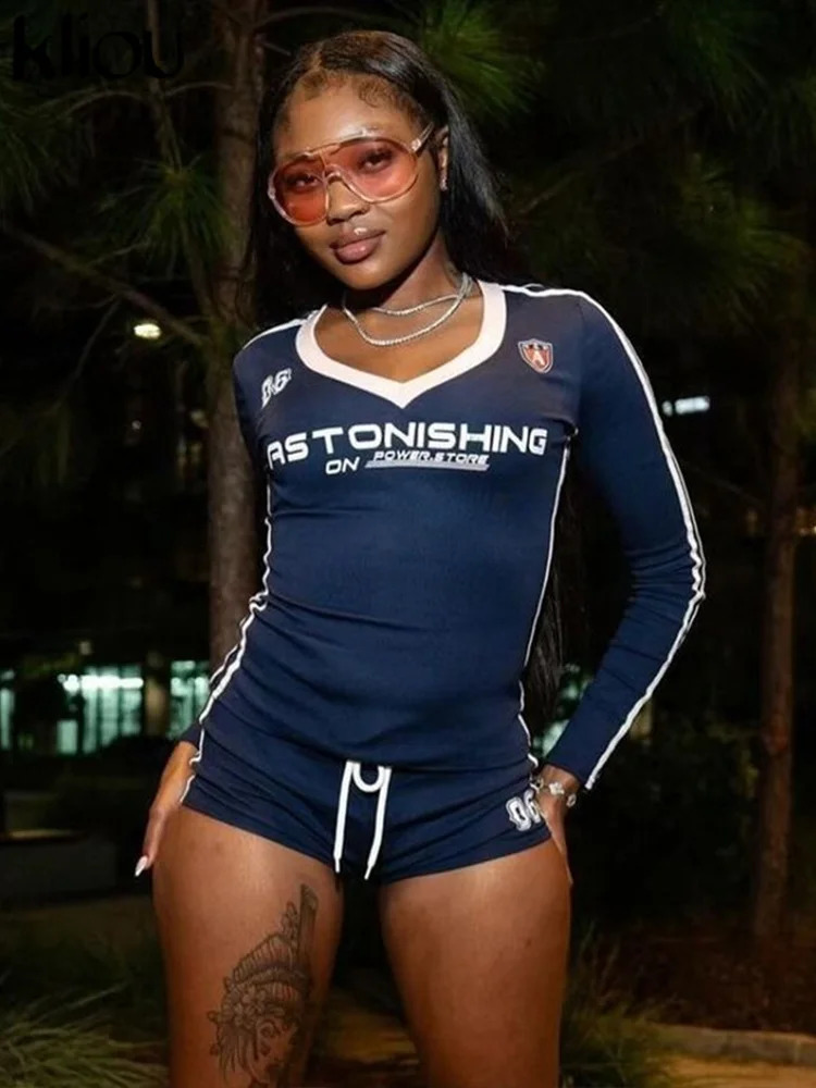 Adhesive Letter Print Panelled Women 2Piece Set Sporty Autumn Matching Full Sleeve Slim TeesBandage Shorts Female Track Streetwear 250318