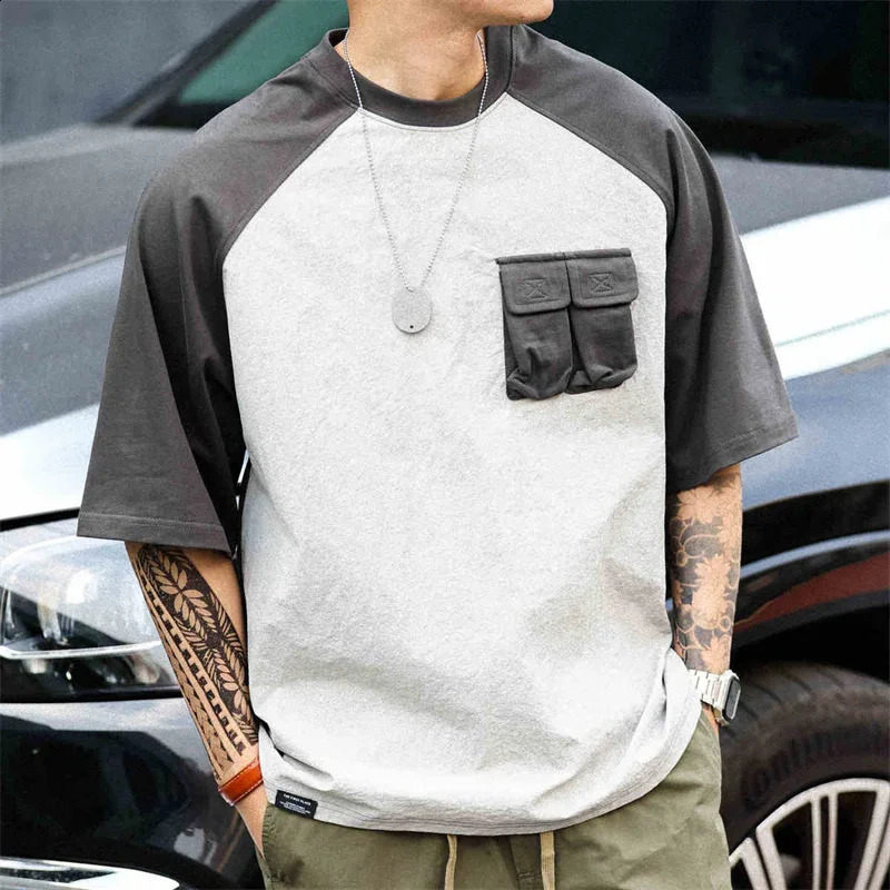 American retro pocket patch mens summer casual cotton short sleeved round neck Tshirt Y2K streetwear 250318