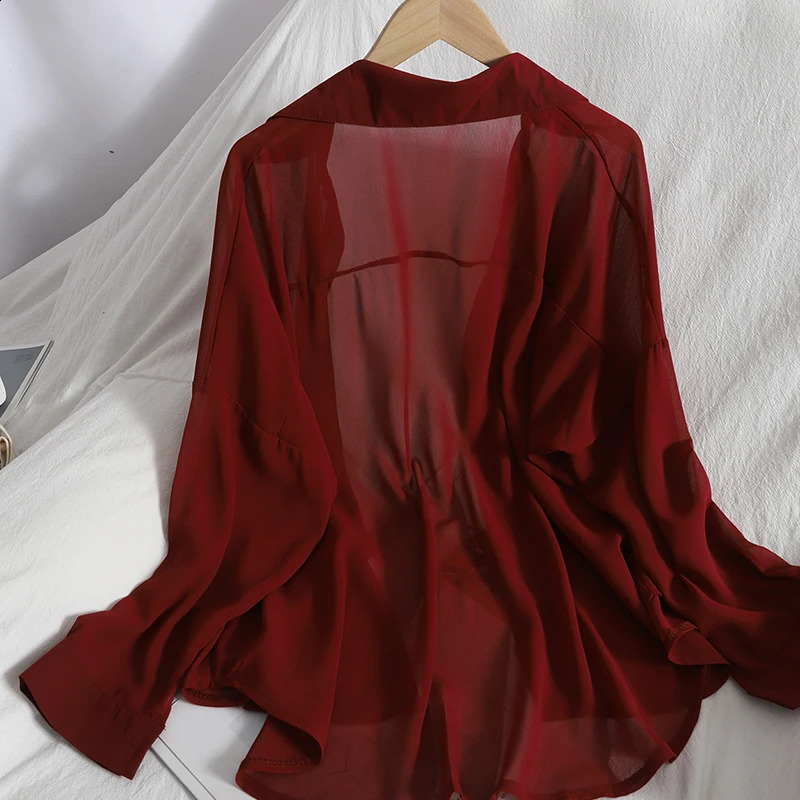 Womens solid color transparent long sleeved chiffon shirt casual loose beach cover button front fashionable and simple Versatile Top 250319