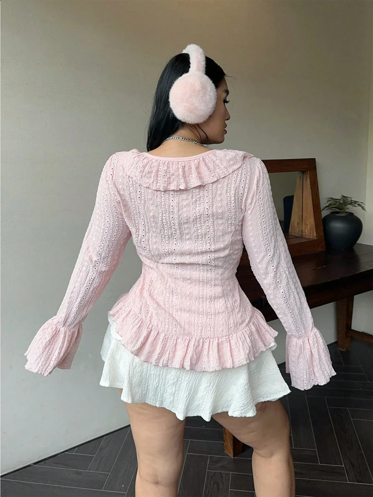 Plus Size Womens Elegant French Ruffle Flared Sleeve Blouse Pink VNeck Bubble Sweetheart 250319