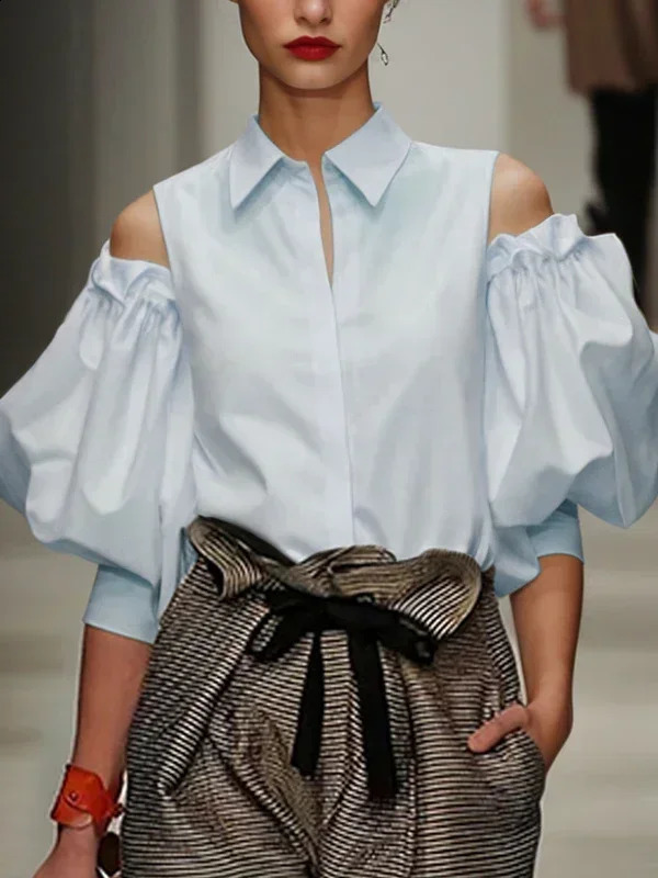 Krismile 2025 Summer Women Elegant Blouse Shirts Fit Home Party School Outing Loose Cold Shoulder Lapel Women Tops Clothing 250318