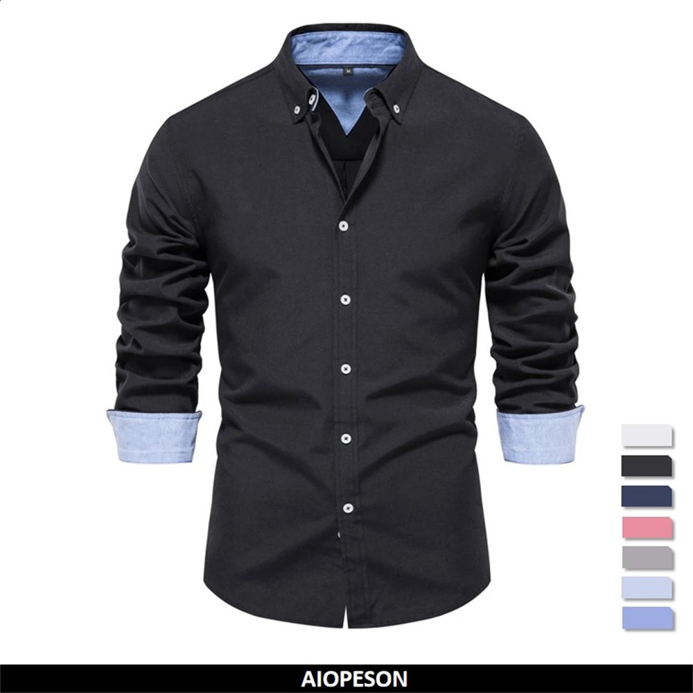 AIOPESON Autumn Cotton Oxford Shirt Long Sleeve Button Mens Social Business Casual 250317