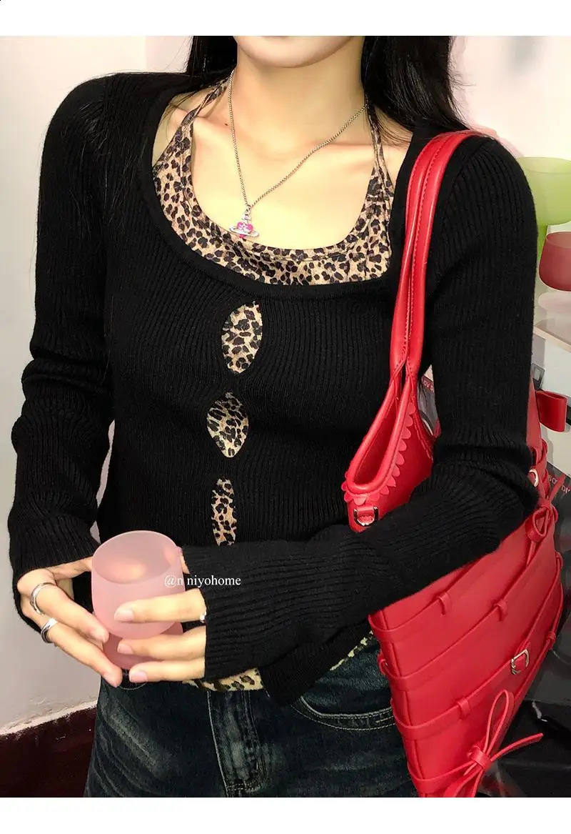 Tonngirls Sexy Skinny Two Pieces Tops Women Leopard Tank Tops Black Tops Hollow Out Y2k Vintage Tops American Retro 90s Tshirt 250319