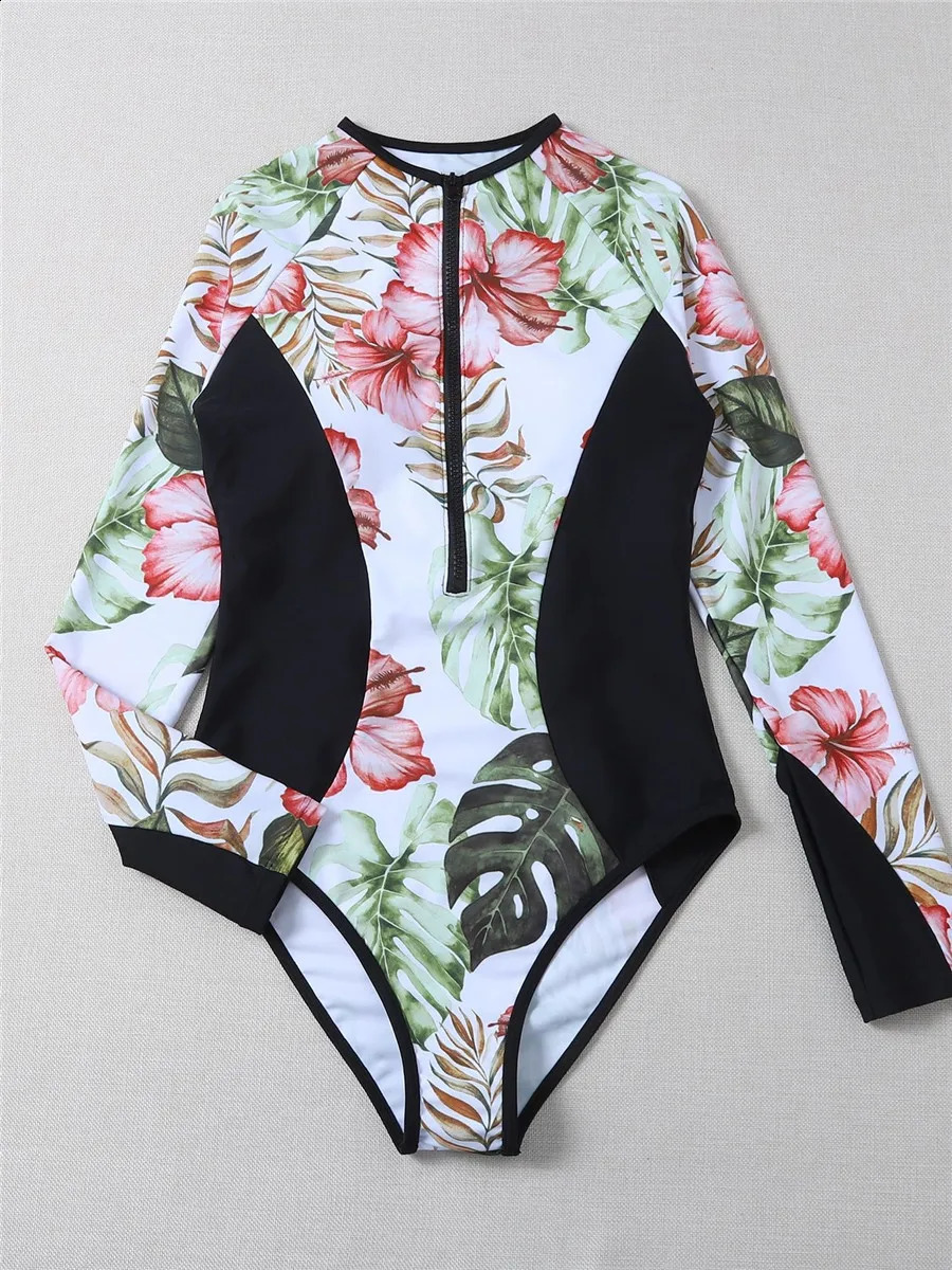 Floral print surfing swimsuit womens 2023 zipper long sleeved onepiece Bathers Rashguard sports diving suit 250312