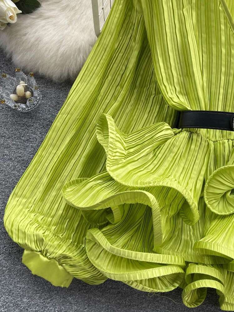 XFPV Elegant Solid V-Neck Belt Ruffles Patchwork Slim Blouse Women Temperament Basics Shirt 2025 Summer New Tide Fashion Sm6134