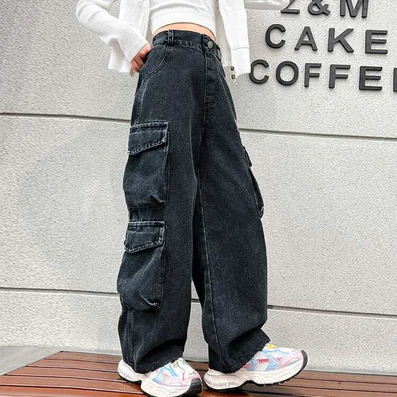 Teenage girl wide leg cargo jeans 2024 autumn fashion childrens casual denim pants school young childrens straight bag handcartT250318