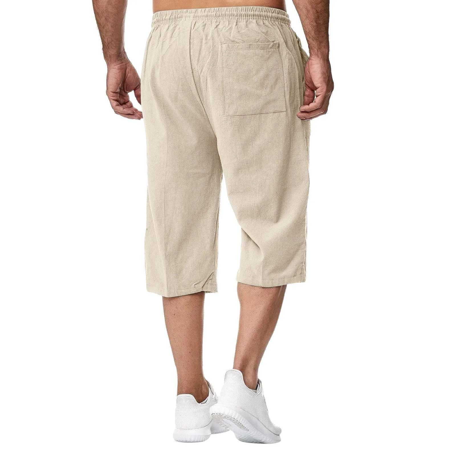 2024 Summer Mens Casual Shorts Cotton Blended Long Elastic Waist Loose Pocket Drawstring 3/4 Length Shorts Daily Street Wear W250319