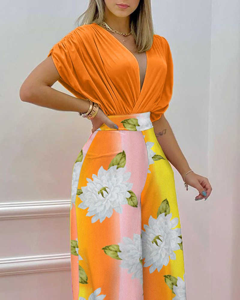 Women's Spring/Summer New Printed Bat Sleeve Top Wide Leg Pants Two Piece Set for Women 250315