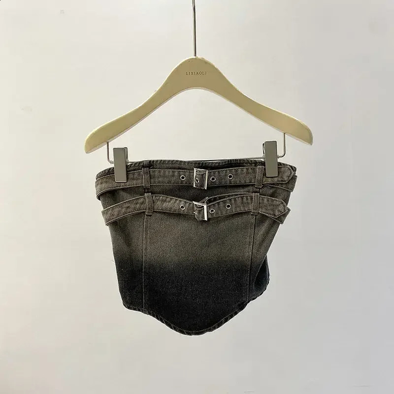 Irregular strapless vest with gradient washed denim top womens summer slim fit simple sexy top 250314