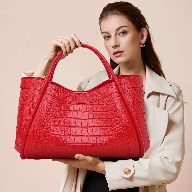 Aidrani Fashion Genuine Leather Women's Handbag Red Crocodile Pattern Large Capacity Commuting Multi Functional Cowhide One Shou