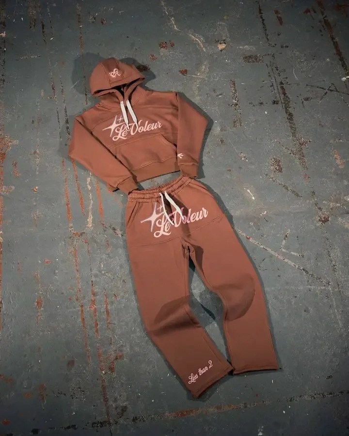 European and American High Street Retro Clothing Simple Oversized Hoodie Ports Suit Printed Solid Color High-waisted Sweatpants 250319