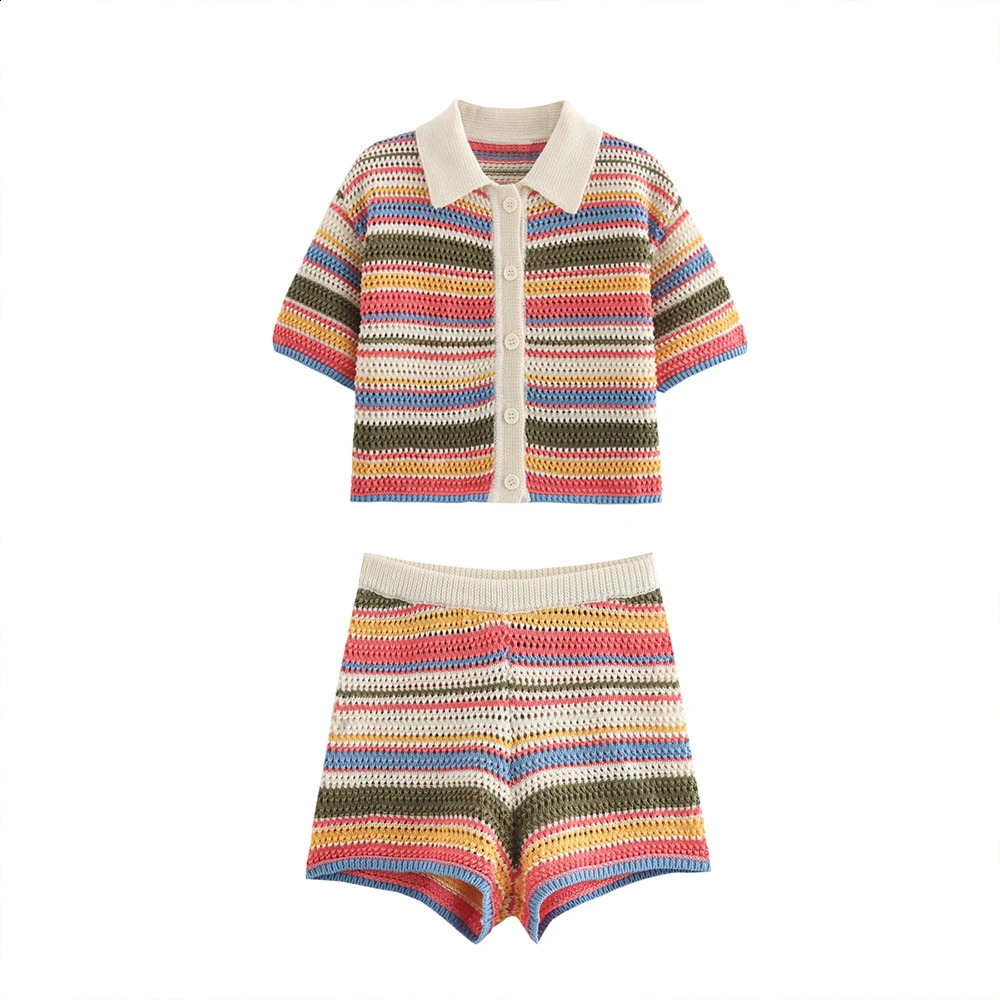 ZATT Summer Collection Sweet Vintage Polo Collar Single Breasted T Shirt Short Pants Candy Color Striped Women Suit Set 250319