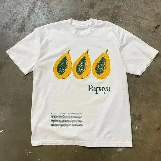 Summer retro mens T-shirt fun fruit print top cotton short sleeved casual womens street clothing round neck T-shirt top 250317