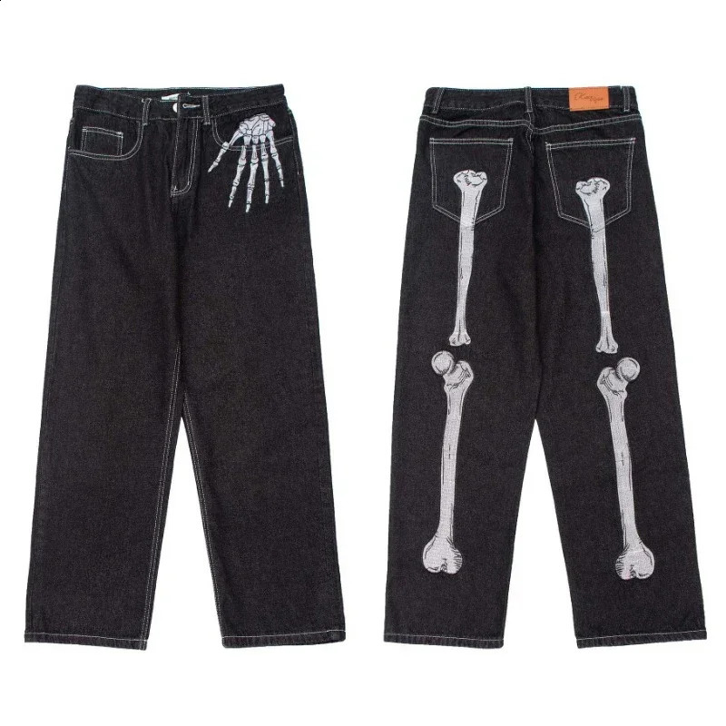 American High Street Dark Bone Embroidered Jeans Mens Fashion Loose Niche Wide Leg Straight Pants Cool 250317