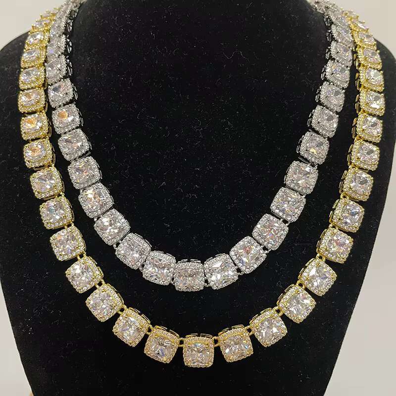Cluster shaped tennis chain, sparkg jewelry, long stick bread, 10mm rhodium plated, gold-plated, clustered necklace, chocolate ice, cubic zirconia, me