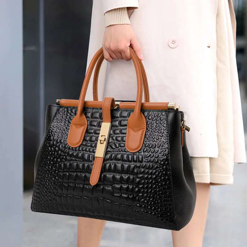Aidrani New Women's True Leather Handbag, Large Capacity Crocodile Pattern Cowhide Bag