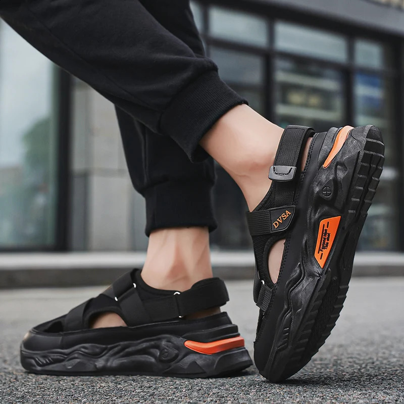 Thick Bottom Baotou Sandals for Mens Summer Outdoor Hollow Out Breathable Mesh Increase Anti Slip Casual Beach Shoes 250317