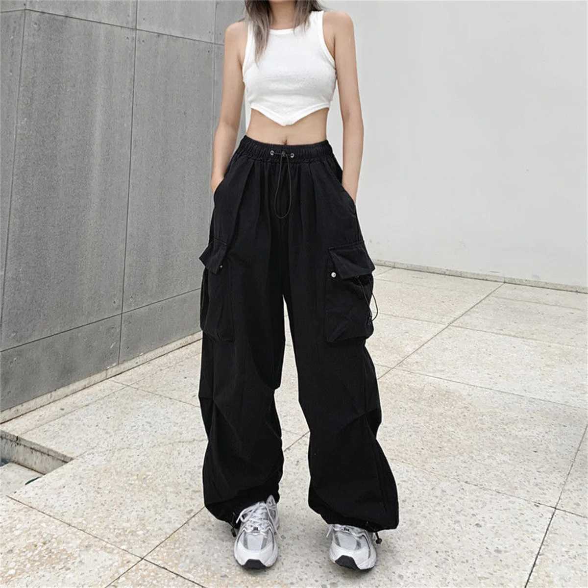 Red large pockets goods pants womens high waisted loose streetwear luggage tactical handcart fashionable hip-hop runner womens handcartT250318