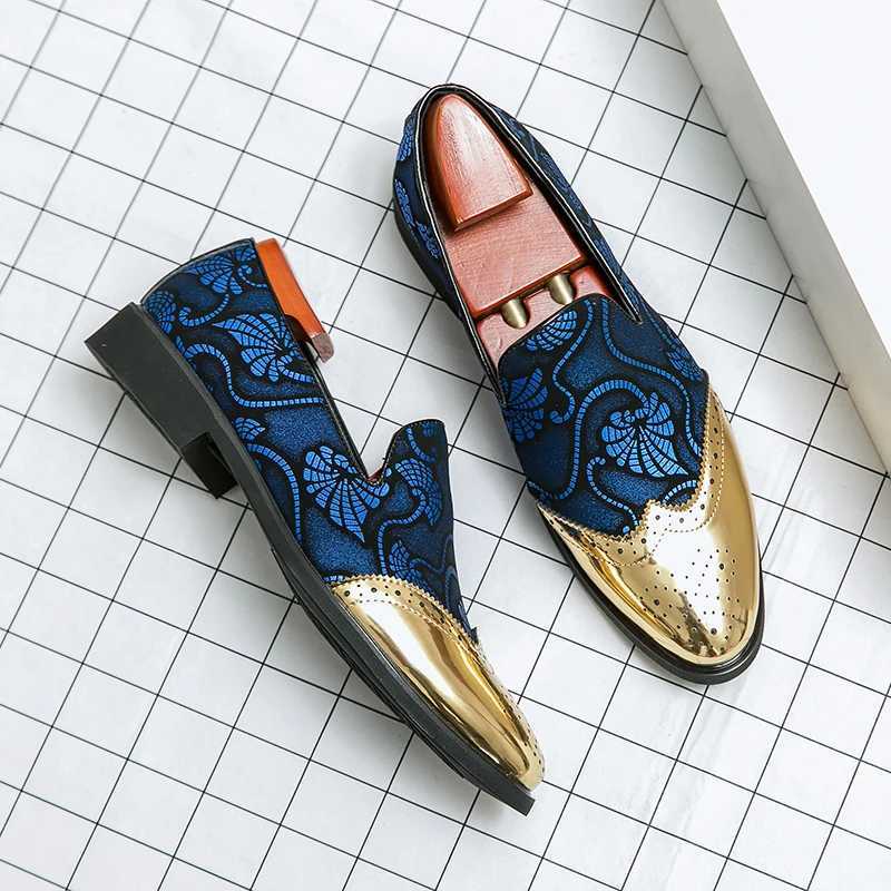 Mens dresses leather shoes mens classic gentlemens wedding ball shoes luxurious British gold blue countryside pattern Oxford HombreXJ250319