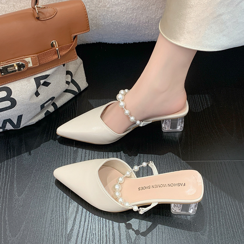 High heels, single shoes, pearl toe sandals, summer thick heels, straight strap slippers, women's outerwear, pointed half drag 2025