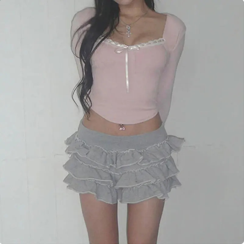 Mooyu Cute Bandage Bow Cropped Top Pink Sweet Coquette T Shirts Fall Spring Casual Square Collar Tee y2k Aesthetic 250311