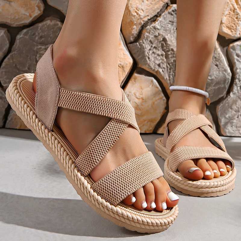 New Arrival Summer New Flats Sole Womens Sandals Fashion Cross Band Plus Size 43 Beach Sanders 2025 Hot Selling Womens Vacation Zapatillas T250318