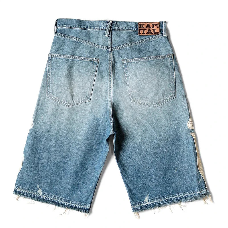KAPITAL Hirata Hohiro Loose Casual Pants Embroidered Bone Printed Washing Water Used Raw Denim Shorts for Men and Women 250319