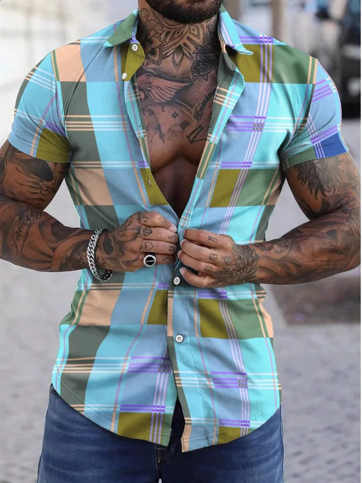 Colorful checkeredcheckered casual mens shirt suitable for daily wear weekend outings summer collar short sleeved 5XL quick 250317