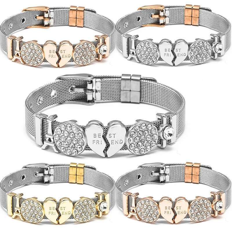 10mm Best Friend Tower Beads Stainless Steel Mesh Bracelets With Crystal Charm Keeper Bracelets Bangles For Women Men Jewelry