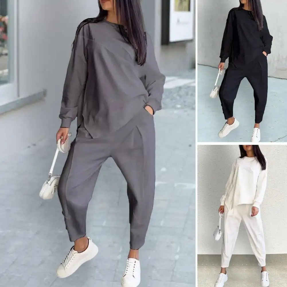 Women Casual Two-piece Set Elegant Womens Top Pants Set with Long Sleeves O Neck Side Pockets for Fall Spring Stylish for Work 250318