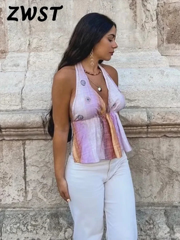 Sexy Print Halter Tank Top Women Summer Deep V-neck Sleeveless Backless Slim Female Tops 2025 Fashion Beach Holiday Lady Vests 250319