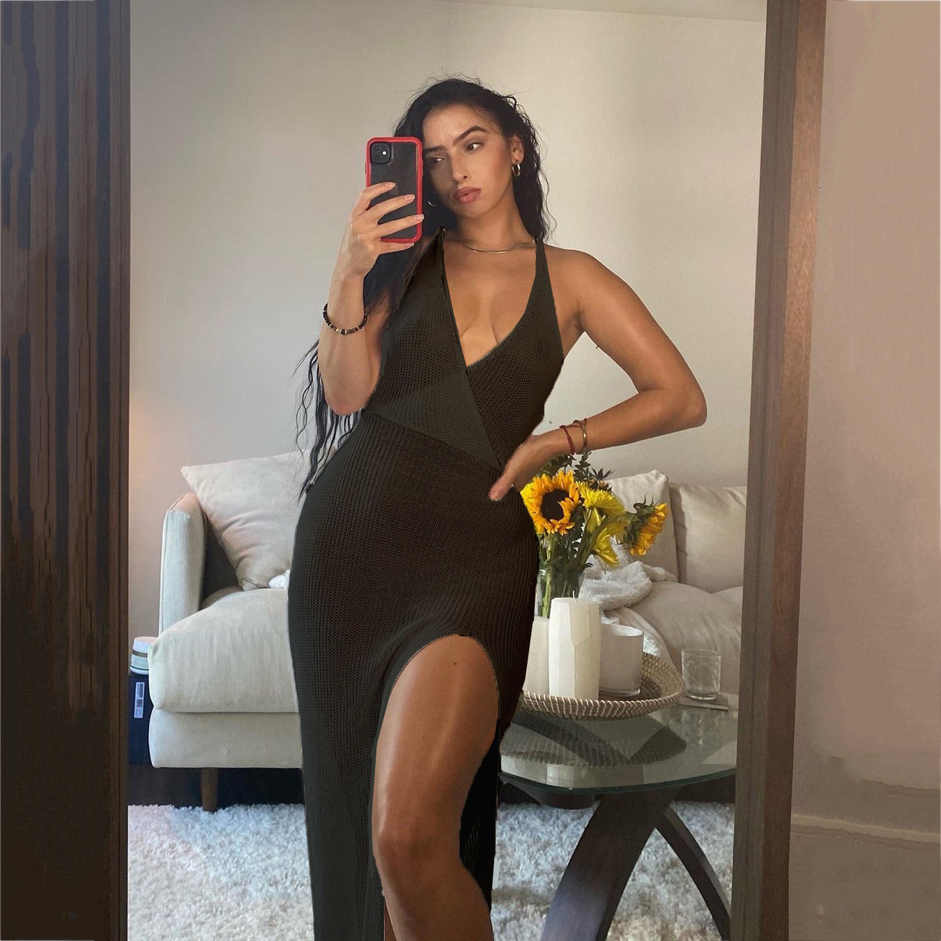 2024 Summer New Fashion V-neck Open Back Lace up Vacation Beach Strap Long Dress
