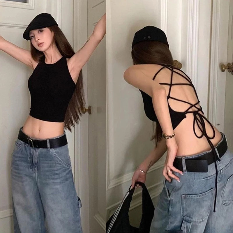 Cutenova Y2K Womens Backless Crop Top Sleeveless Sexy Cute Black Tank Summer Cutting 2000S Clothing 250319