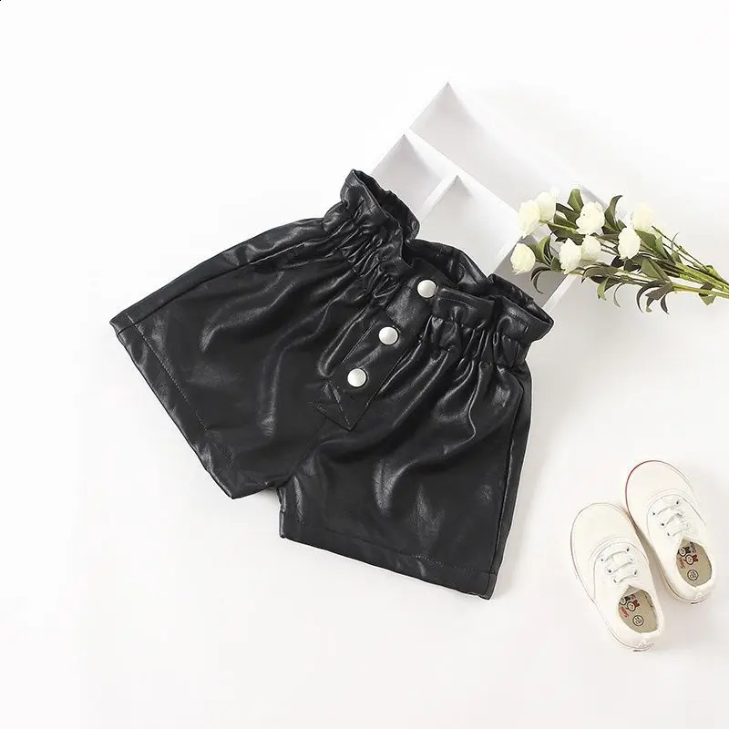 Spring Summer Autumn Girls Fashion Pu Leather Shorts with Buttons 250319