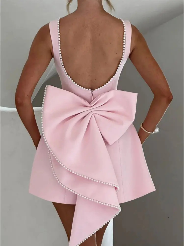 Elegant pearl bow backless short skirt womens sleeveless party cute mini dress black and white pink chic birthday night Y2K style 250314