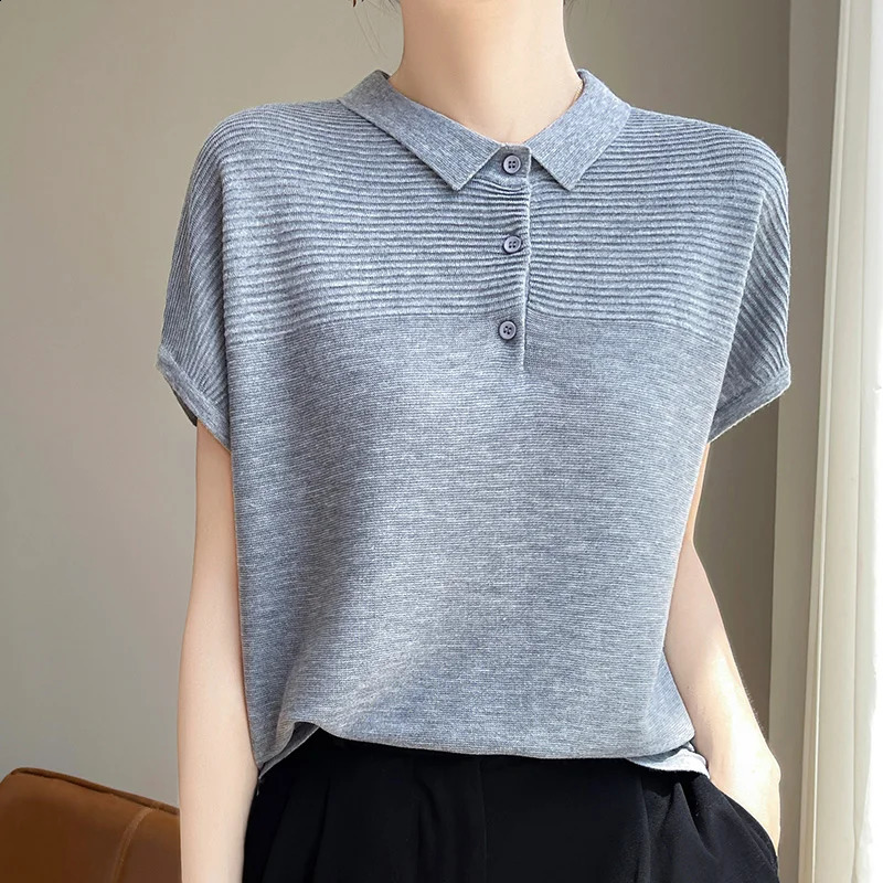 Womens T-shirt Summer Worsted Knitted Tees Casual Solid Sweater Short Sleeve POLO Collar Blouse Ladies Clothes Loose Tops 250318