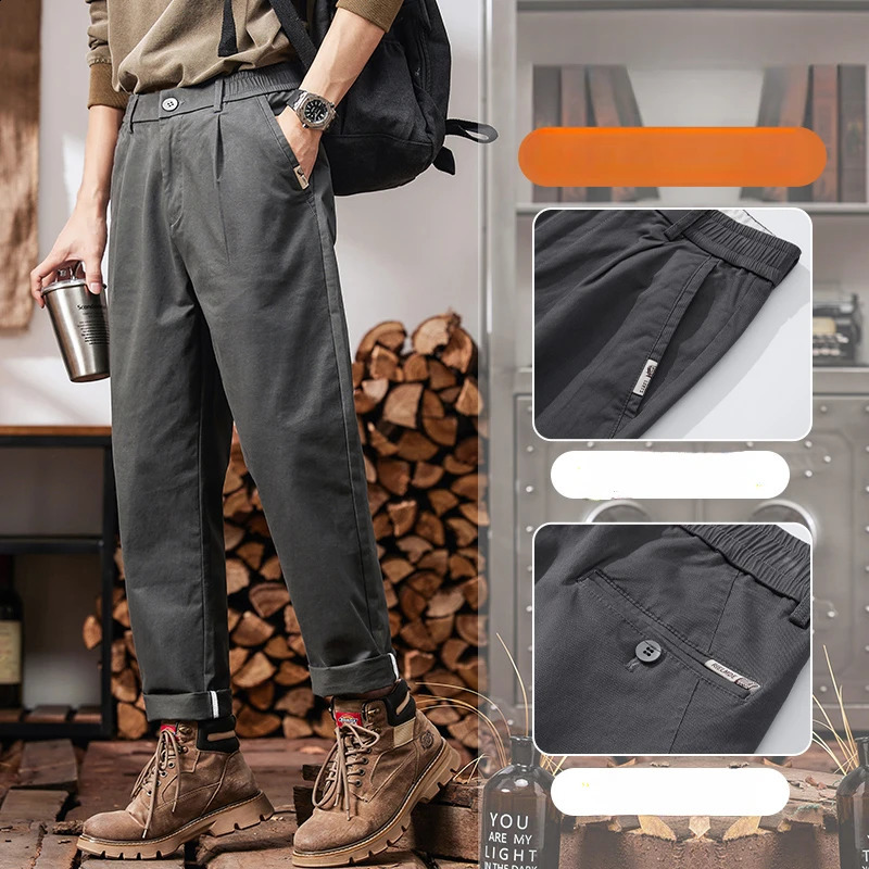 2025 mens straight pants elastic waist Chino Trouser freight casual cotton spring Korean golf suit 250319