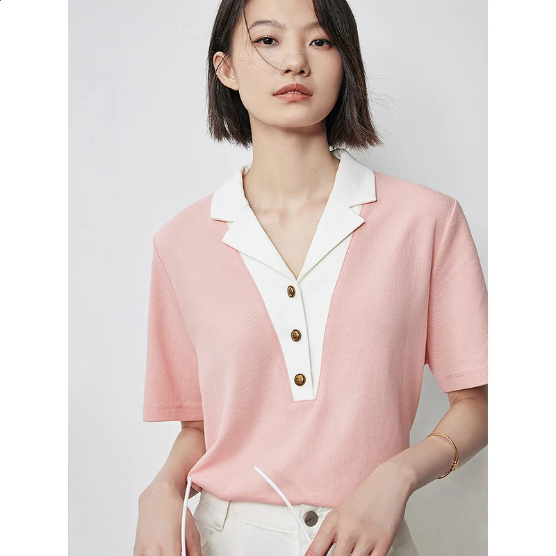 TOYOUTH Women Contrasting Colors POLO Collar T-shirt 2025 Summer Short Sleeved Top 250318