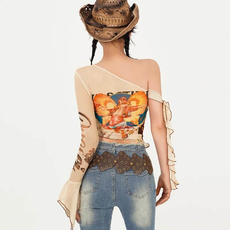 Fungus Women T-shirts Y2k One Shoulder Slim Summer Spicy Girls High Street Flare Sleeve Clothing American Style 250318
